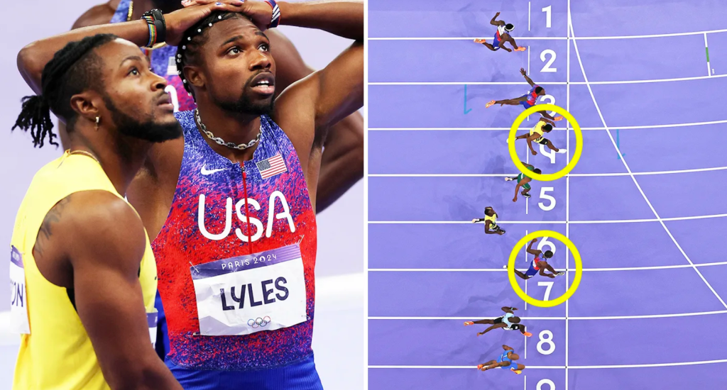 Noah Lyles, Kishane Thompson, 100m final, Paris Olympics, 9.79 seconds, photo finish, Olympic gold, Fred Kerley, track and field, sprint race, close finish, athletics, dramatic finish, Olympic history, American sprinter, Jamaican sprinter